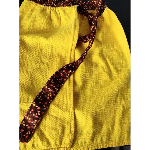 Handmade Floral Towel Half Apron Vintage Yellow Brown Tie Pocket 70s - Picture 4 of 5